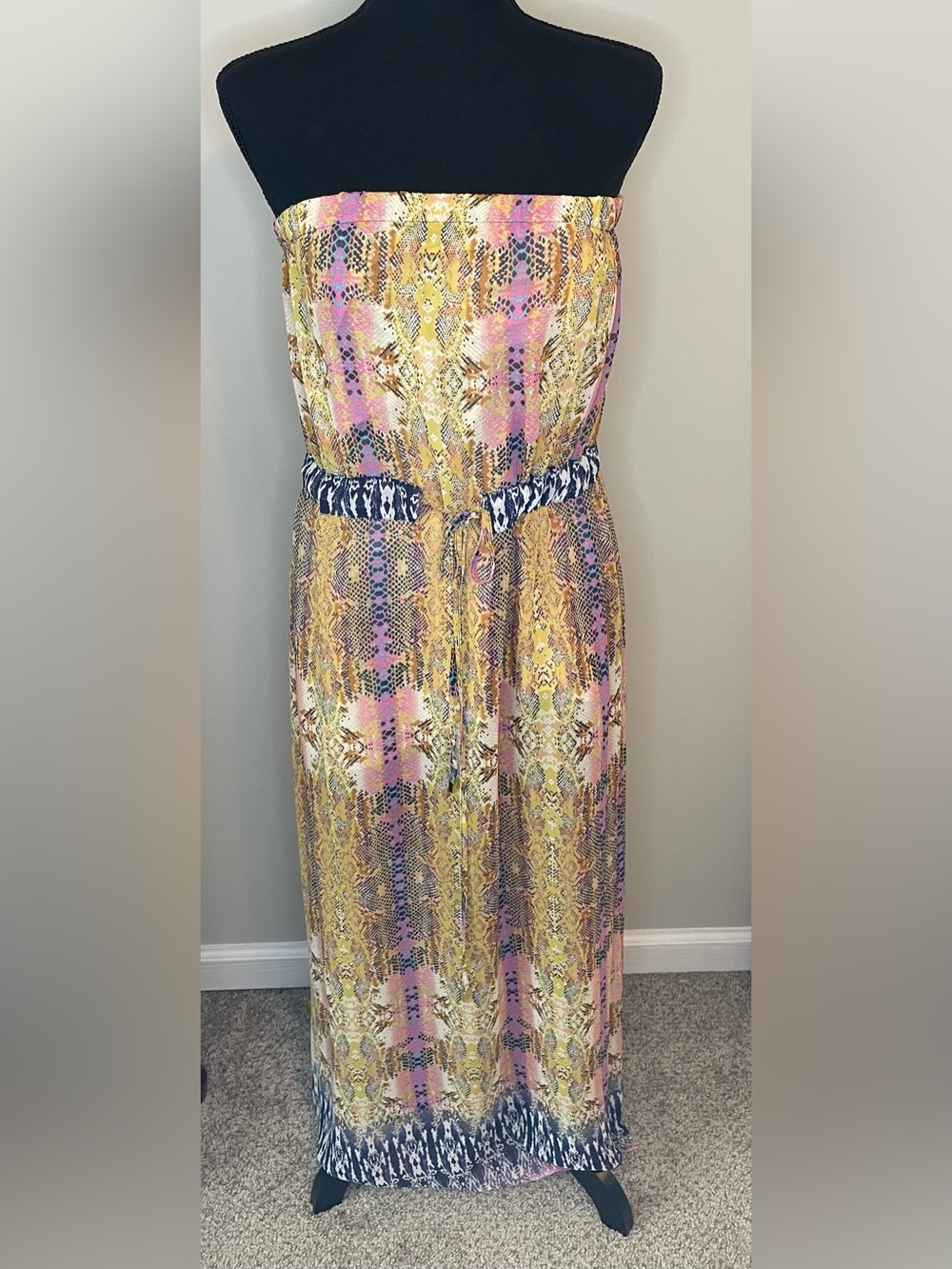 Bar III Strapless Maxi Dress in Yellow and Pink Snake Print